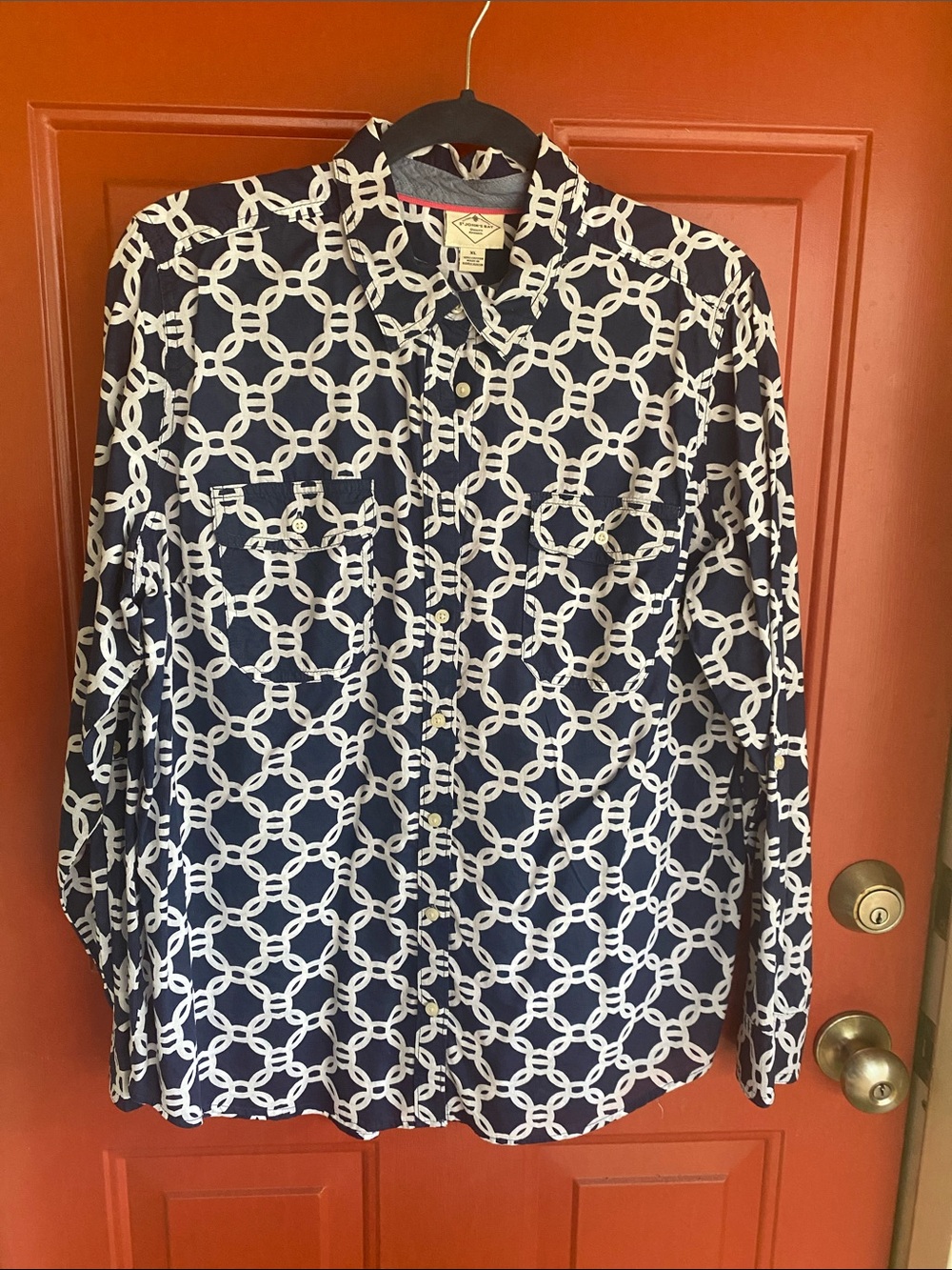 St. John's Bay Cotton Navy and White Link-Print Button-Down Shirt